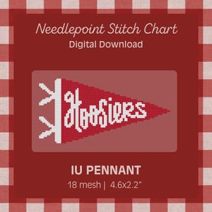 May include: Digital download of a needlepoint stitch chart. The design features a red pennant with the word "Hoosiers" in white. The pennant measures 4.6 x 2.2 inches and is on 18 mesh.