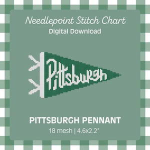 May include: Digital needlepoint stitch chart featuring a green pennant with the word "Pittsburgh" in white. The pennant is 11.7 cm wide and 5.6 cm high. The background is a light green with a gingham pattern.