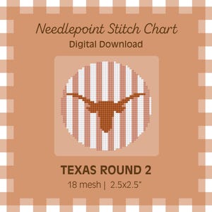 Könnte beinhalten: Ein digitales Nadelstichmuster mit einem runden Design mit einem Longhorn-Logo in Braun- und Weißtönen. Der Text "TEXAS ROUND 2" wird darunter angezeigt, zusammen mit der Maschenweite und den Abmessungen: 6,35x6,35 cm.