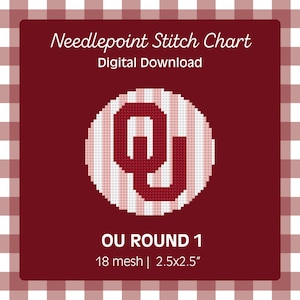 May include: Digital download of a needlepoint stitch chart. The design features a maroon and white circular pattern with the letters "OU" inside. The text "OU ROUND 1" and "18 mesh | 2.5x2.5" are also included.