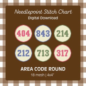 May include: A digital needlepoint stitch chart featuring six circular area code designs. Each circle displays a different three-digit number in colours like pink, blue, and green. The chart measures approximately 10 x 10 cm.
