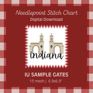 May include: A digital download needlepoint stitch chart with the text "Needlepoint Stitch Chart Digital Download". The chart features a design of two beige archways with the word "indiana" in black script. The chart measures 6.9 x 6.9 inches.