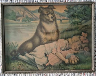 Litografía "Tócala si te atreves", enmarcada bajo cristal, con imagen vintage/antigua de una niña y un perro.