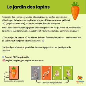 Peut inclure: Jeu de cartes éducatif "Le jardin des lapins" (Le Jardin des Lapins) avec une illustration de carotte. Comprend des cartes avec des images de loup, de renard et de lapins. Conçu pour aider les enfants à apprendre à lire.