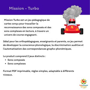 Peut inclure: Image d'un jeu pédagogique intitulé "Mission - Turbo". On y voit une voiture de course rouge avec un pilote et de la fumée grise. Le texte décrit le jeu et ses objectifs éducatifs.