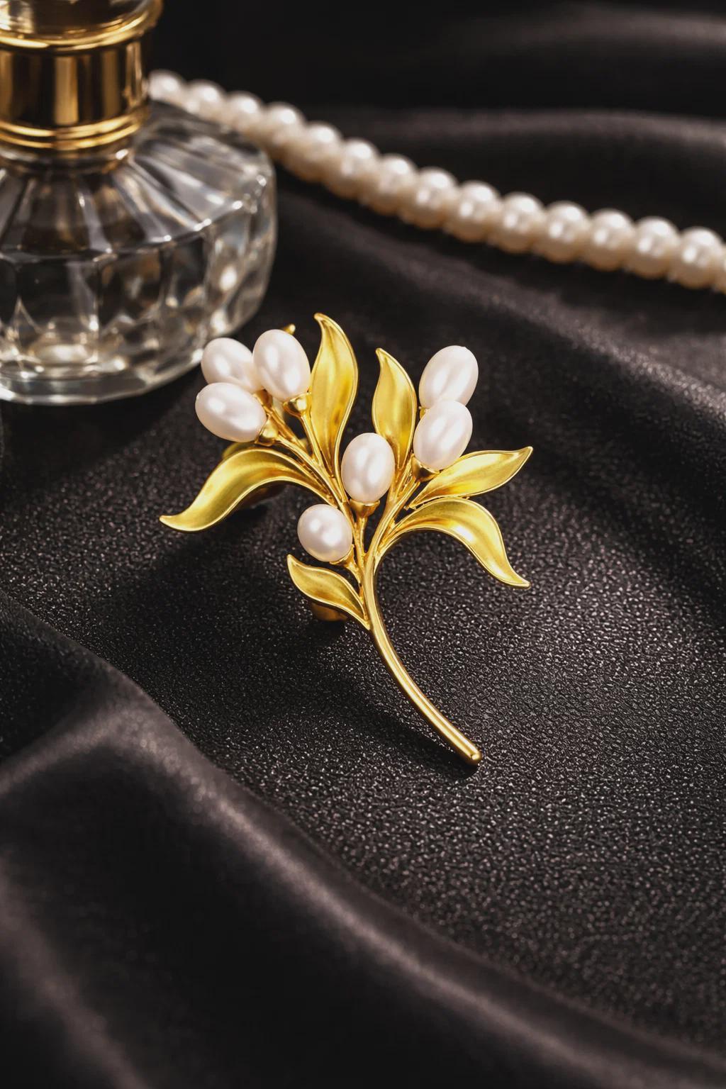 Vintage Pearl Bouquet Brooch, Gold-Tone Floral Branch Accessory, Elegant Retro Jewelry