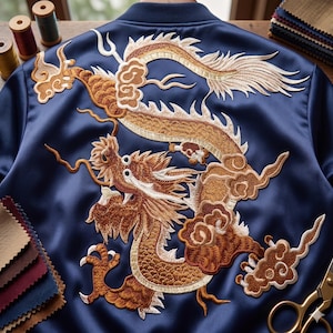 Può includere: Giacca bomber blu navy con un elaborato ricamo a forma di drago nei toni dell'oro, marrone e bianco. Il drago è il punto focale, su un tessuto liscio e satinato. Il design della giacca è ispirato all'arte asiatica.