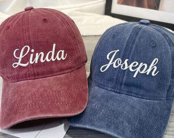Cappellino da baseball personalizzato con nome ricamato, cappello vintage effetto lavato, cappello retrò da esterno personalizzato in misto cotone, regalo per lui e per lei