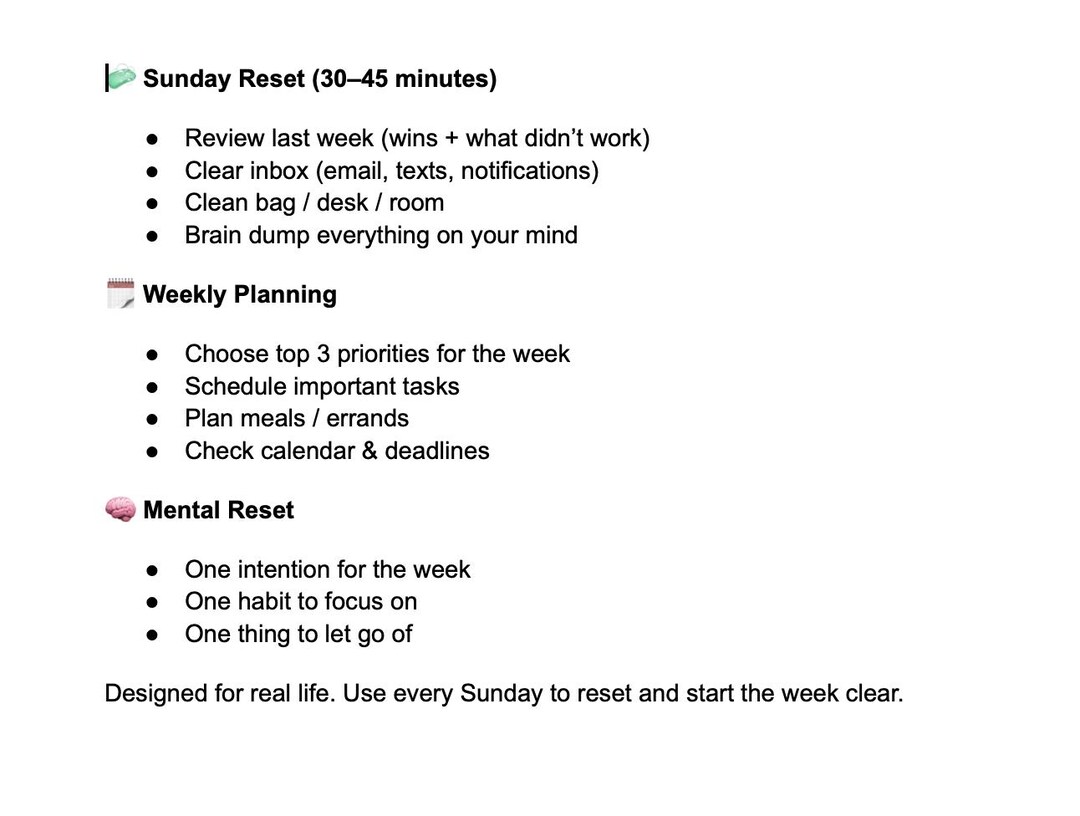 Sunday Reset Checklist.pdf Sunday Reset Checklist PDF – Weekly Planning & Mental Reset for a Fresh ...