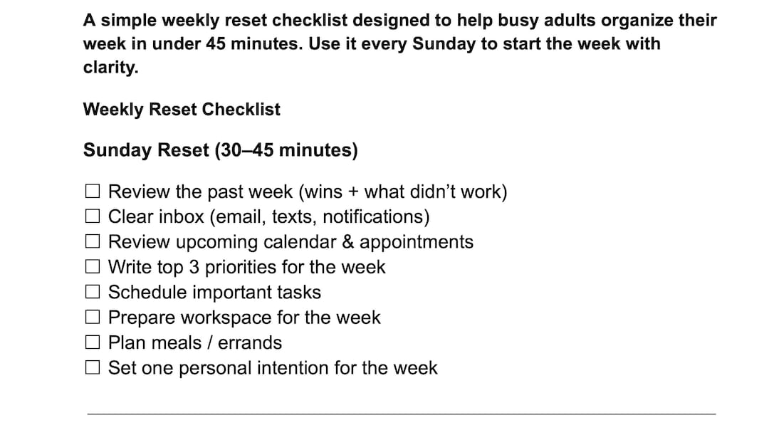 Weekly Reset Checklist PDF- Simple Life Organization System for Busy ...