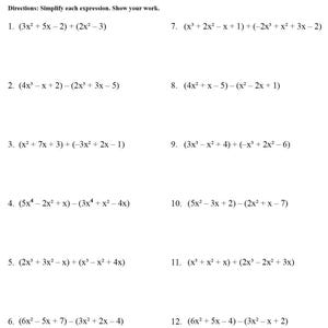 Può includere: Un foglio di lavoro bianco intitolato "Math Revamped - Algebra 1" con problemi di addizione e sottrazione di polinomi. Il foglio di lavoro include spazio per un nome e una data e presenta dodici espressioni algebriche da semplificare. Il testo è in nero.