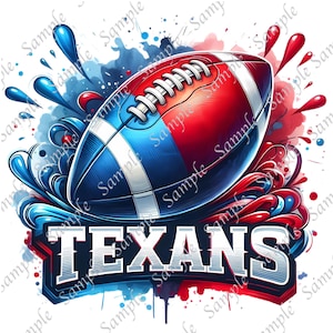 Peut inclure: Illustration numérique d'un ballon de football rouge, blanc et bleu, avec le mot "TEXANS" en lettres blanches en gras. Le design présente des éclaboussures de peinture bleue et rouge, créant une sensation dynamique et énergique.