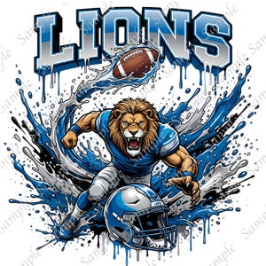 May include: A digital illustration of a lion in a football uniform, with the word "LIONS" above. The lion is surrounded by blue and white water splashes, with a football in the air and a helmet on the ground.
