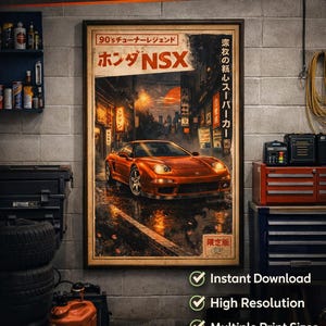 May include: Vintage Japanese Honda NSX poster featuring a red sports car on a rainy street in a Japanese city. The poster includes Japanese text and is framed with a brown border. The poster is labeled "90's tuner legend".