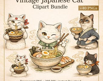 Cute Ramen Cat Clipart Bundle, Cute Ramen Cat PNG, Kawaii Cat Clipart, Transparent PNG, Japanese Clip Art, Planner Stickers, Commercial Use