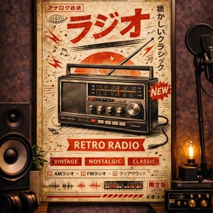 May include: A framed poster with a retro radio design, featuring Japanese text and the words "Retro Radio," "Vintage," "Nostalgic," and "Classic." The color scheme is red, black, and beige. The poster is a vintage style.