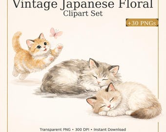 Vintage Japanese Cat Clipart – Watercolor Kitten PNGs (30+, Digital Download)