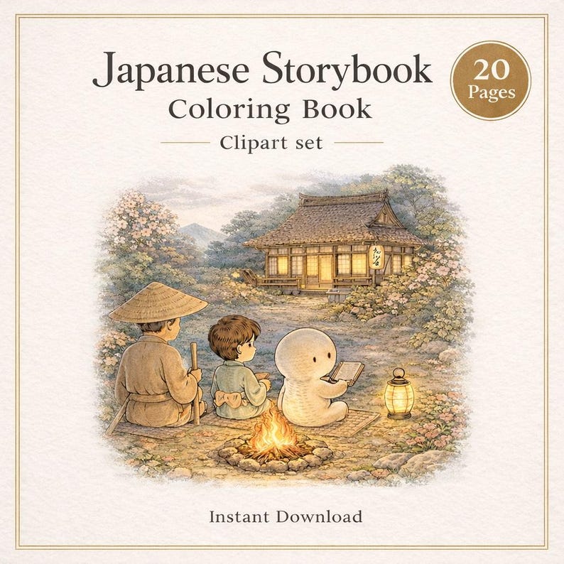 Japanese Storybook Coloring Book – Cozy Village Scenes (A4 Printable PDF) image 1