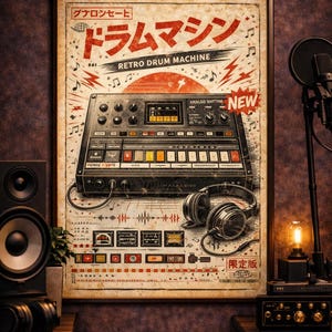 May include: A framed vintage poster with Japanese text and a retro drum machine illustration. The poster features musical notes, lightning bolts, and the words "Retro Drum Machine" and "NEW". Headphones and speakers are also visible.