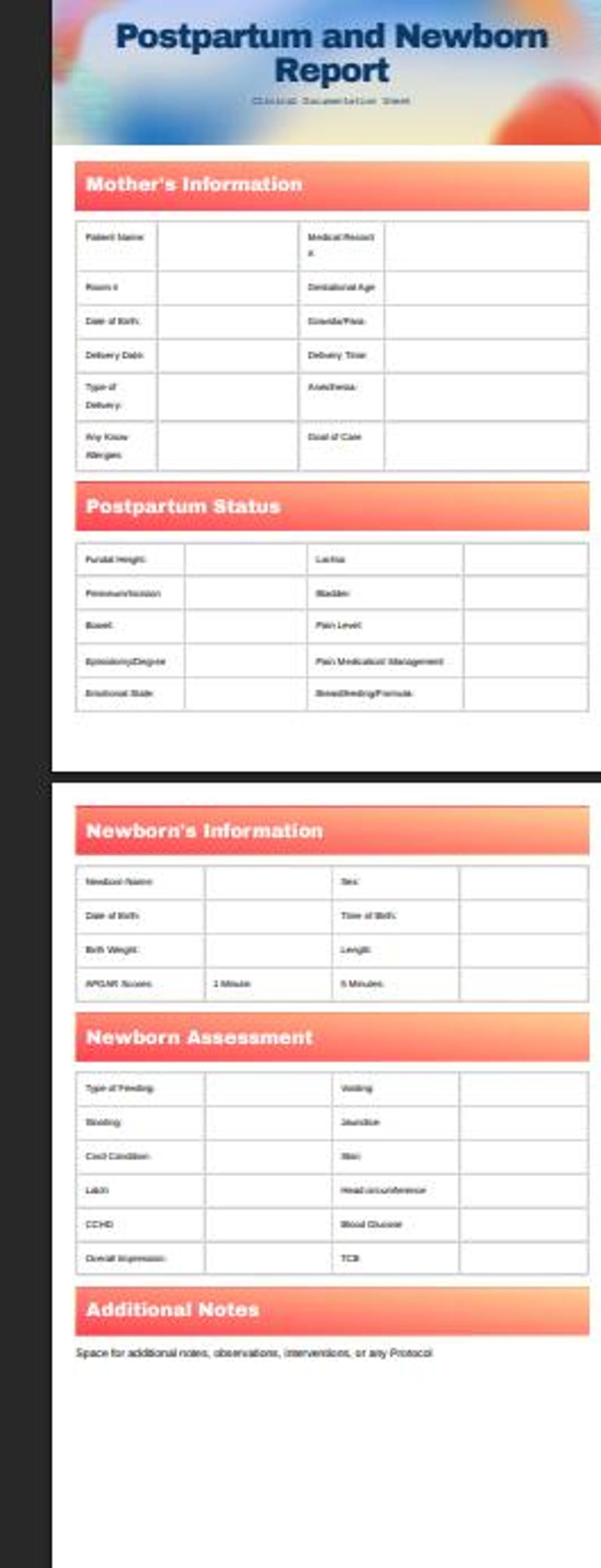 Postpartum and Newborn Report Template – Editable Clinical ...