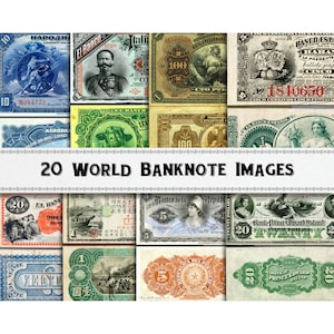 Può includere: Un collage di 20 banconote di diversi paesi del mondo, con vari disegni e denominazioni. Le banconote sono disposte in una griglia, con ogni banconota che ha uno schema di colori e un design unici. Le banconote sono di diversi paesi, tra cui Italia, Spagna e Stati Uniti.