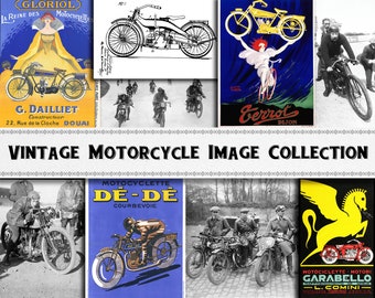 May include: A vintage collage of motorcycle advertisements and images. The collage features black and white photos of motorcycles, as well as colorful advertisements from the early 1900s. The text in the images includes the names of motorcycle manufacturers, such as "Gerrot" and "De-De", and the locations where they were made, such as "Dijon" and "Courbevoie".