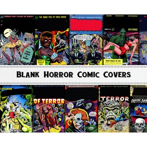 May include: A collage of vintage horror comic book covers featuring monsters, ghouls, and spooky scenes. The covers are all blank, with the titles and issue numbers removed. The text on the covers includes "Terror That Stalks By Night!" "We Dare You To Take These" "Weird, Spooky, Supernatural Stories" "Weird! Fantastic! Astounding!" "Mysteries" "Terror Beneath The Tides" "Amazing" "Tales Beyond Belief And Imagination" "Daring & Supernatural" "Weird Adventures In" "Ghostly Tales Of Spine Chilling Horror" "Terror" "Ghosts Do"