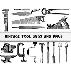 Könnte beinhalten: Schwarz-Weiß-Illustration verschiedener Vintage-Werkzeuge, darunter eine Säge, ein Hobel und ein Hammer. Der Text "VINTAGE TOOL SVGS AND PNGS" ist enthalten. Geeignet für Holzbearbeitungs- und Bastelprojekte, im klassischen Stil.