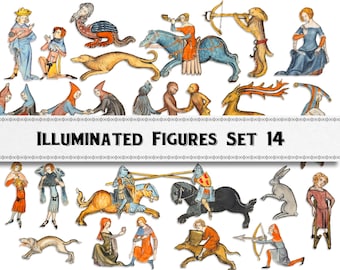 Figuras de manuscritos medievales iluminados, set 14, descarga digital, clipart para uso comercial, criaturas fantásticas, PNG