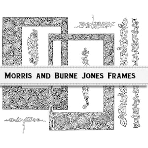 May include: Black and white illustrations of decorative frames and borders with floral and leaf patterns. The text "MORRIS AND BURNE JONES FRAMES" is displayed across the center. The image features various sizes and styles of frames.