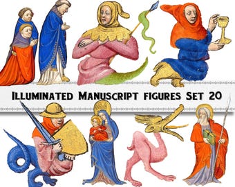 Medieval Manuscript Art, People and Creatures Set #20, Commercial Use (Digital Download)