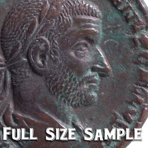 May include: Close-up of a bronze Roman coin with a profile of a man with a beard and a laurel wreath on his head. The coin has a worn surface and a green patina.