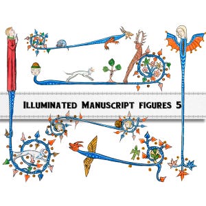 Ensemble de 5 bordures figuratives manuscrites enluminées médiévales, téléchargement numérique, usage commercial des cliparts, entrelacs du Moyen Âge PNG