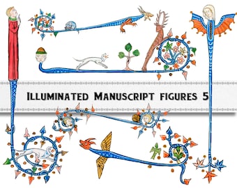 Mittelalterliche beleuchtete Handschrift Figurenbordüren: Kommerzielle Nutzung Clipart (Digitaler Download)