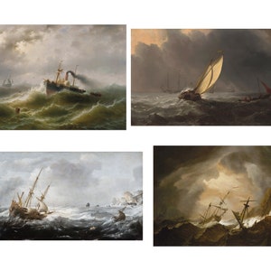 May include: Four paintings depicting ships at sea in stormy weather. The paintings are in a grid format, with two paintings on the top row and two paintings on the bottom row. The paintings are all in a similar style, with a focus on the ships and the stormy seas. The paintings are all in a realistic style, with a focus on detail.