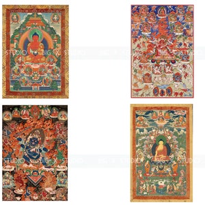 May include: Four colorful Tibetan Buddhist Thangka paintings. The first painting depicts a red Buddha seated on a lotus throne with a halo. The second painting depicts a colorful mandala with a central deity. The third painting depicts a blue deity with multiple arms and a fierce expression. The fourth painting depicts a golden Buddha seated on a lotus throne with a halo.