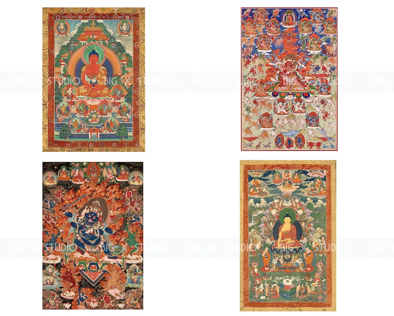 May include: Four colorful Tibetan Buddhist Thangka paintings. The first painting depicts a red Buddha seated on a lotus throne with a halo. The second painting depicts a colorful mandala with a central deity. The third painting depicts a blue deity with multiple arms and a fierce expression. The fourth painting depicts a golden Buddha seated on a lotus throne with a halo.