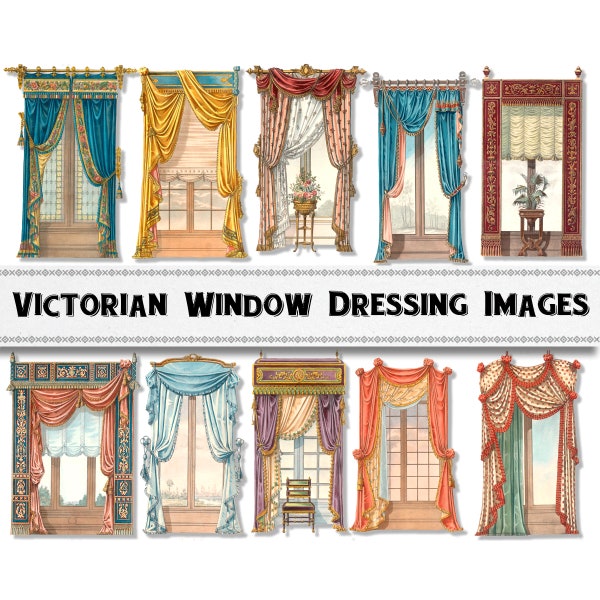 Victorian Window Drapes Illustration Images / Digital Download / Commercial Use / Vintage Dollhouse Drapery Decor