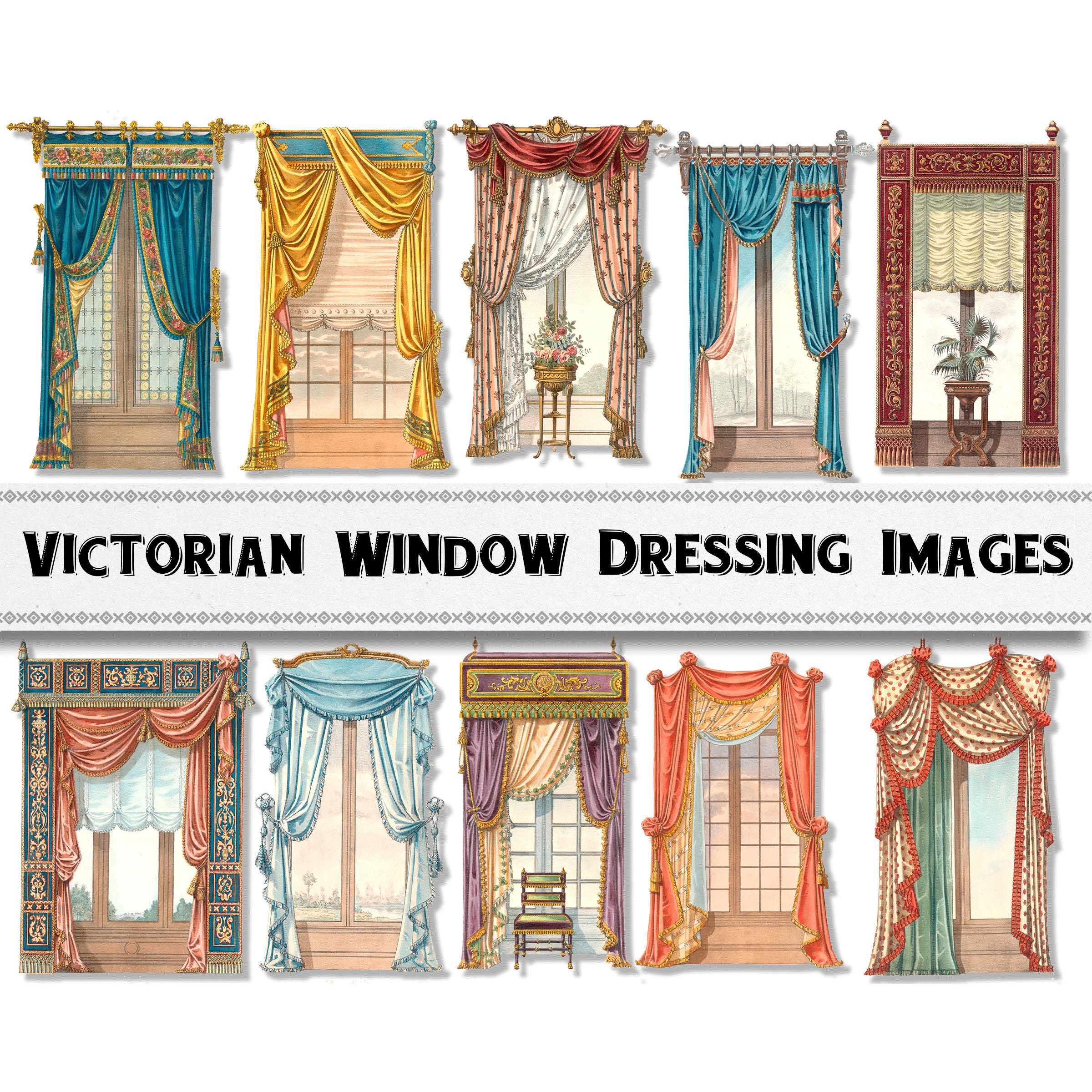 Victorian Window Drapes Illustration Images / Digital Download / Commercial Use / Vintage Dollhouse Drapery Decor