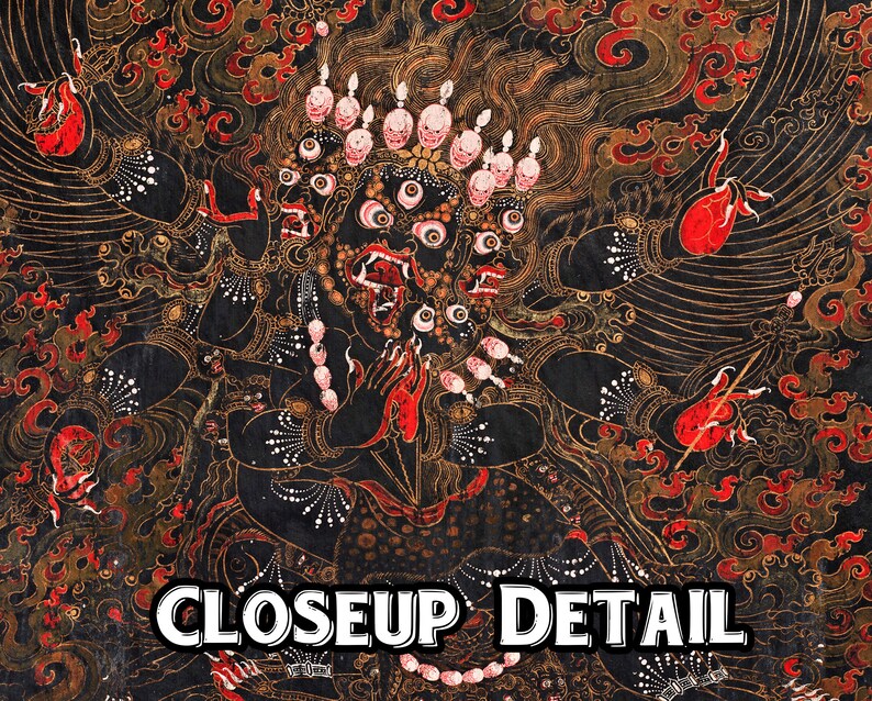 May include: A detailed painting of a multi-headed deity with a fierce expression. The deity has multiple eyes, a large mouth with fangs, and is adorned with intricate patterns and jewelry. The painting is done in a traditional style with vibrant colors, including red, gold, and black.