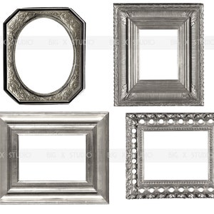 May include: Four antique silver picture frames of various shapes. One is oval, another rectangular, and two are square. Each frame has a detailed, ornate design and a white interior space for a photo or artwork. The frames are set against a white background.