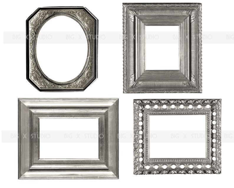 May include: Four antique silver picture frames of various shapes. One is oval, another rectangular, and two are square. Each frame has a detailed, ornate design and a white interior space for a photo or artwork. The frames are set against a white background.