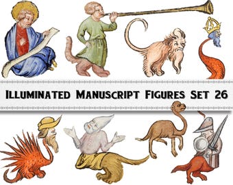 Medieval Manuscript Art, People and Creatures Set 26, Commercial Use (Digital Download)