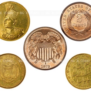 May include: Five gold and copper coins from different countries. The coins feature various designs, including a portrait of a man, a shield with stripes, a wreath of leaves, and Arabic script.