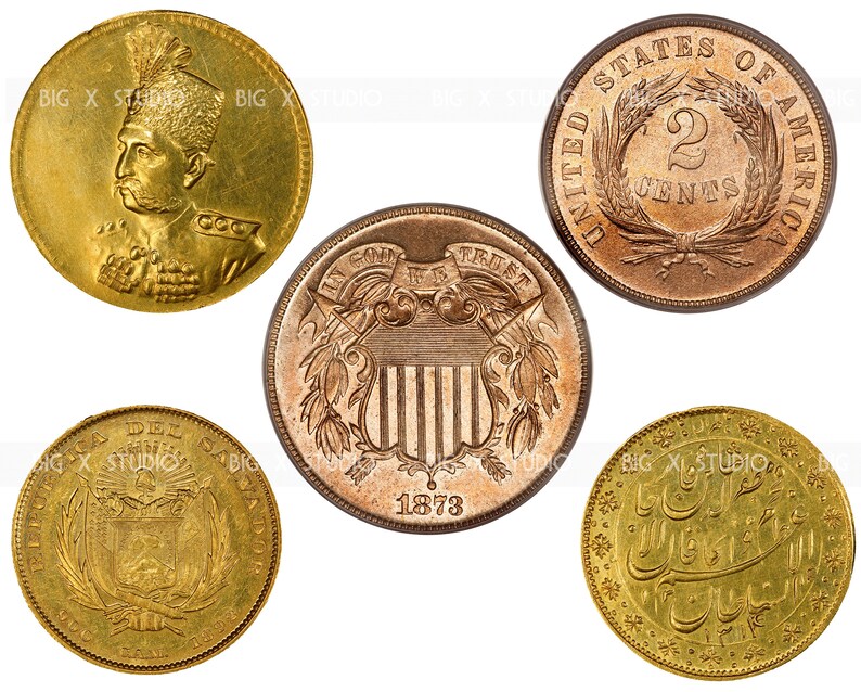 May include: Five gold and copper coins from different countries. The coins feature various designs, including a portrait of a man, a shield with stripes, a wreath of leaves, and Arabic script.