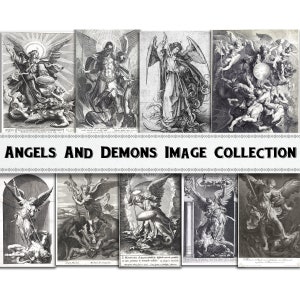 May include: A collection of eight black and white illustrations depicting angels and demons. The images are from a vintage book and feature detailed drawings of angels fighting demons.