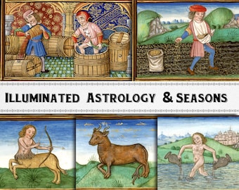 Medieval Illuminated Manuscript, Astrology and Seasons Scenes, Digital Download, Commercial Use Clipart
