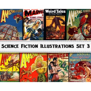 May include: A collage of vintage science fiction magazine covers featuring illustrations of spaceships, monsters, and futuristic scenes. The covers are from the 1920s and 1930s and feature titles like "Amazing Stories", "Marvel Science Stories", and "Weird Tales".