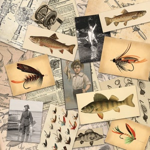Vintage Fishing Digital Paper / Scrapbook Wallpapers / Fishing Ephemera ...
