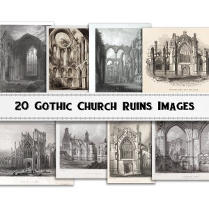 Medieval Gothic Church Ruin Engraving Images / Digital Download / Commercial Use / Abby Monastery Convent Ruins